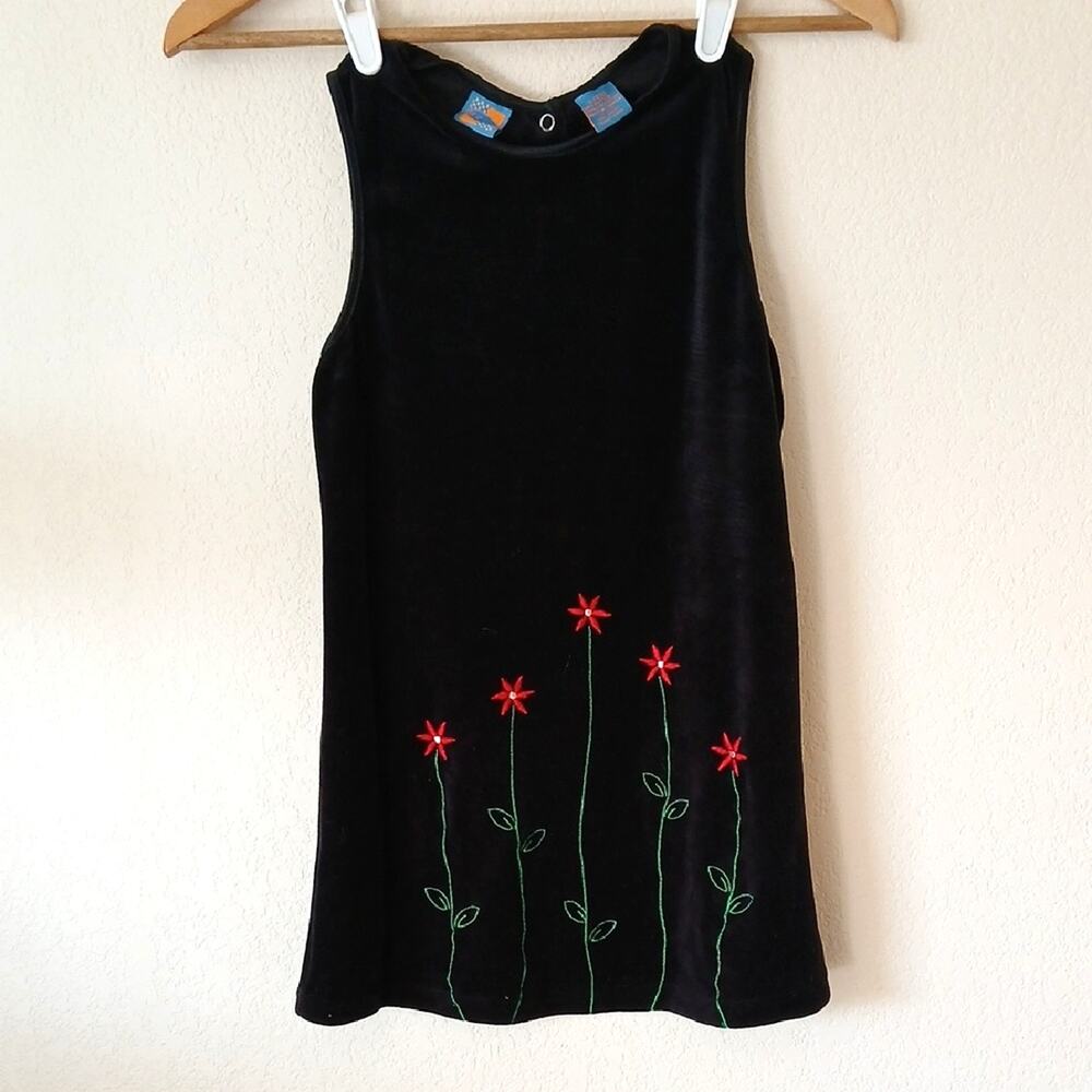 Vintage Girls Black Velvet Sleeveless Dress With Embroidered Flowers